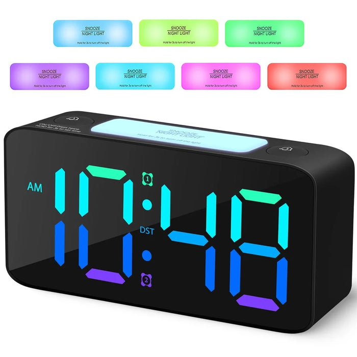 Adjustable Volume Alarm Clock Student Adult Digital Clock with 7 Color Night Light - Black - 1