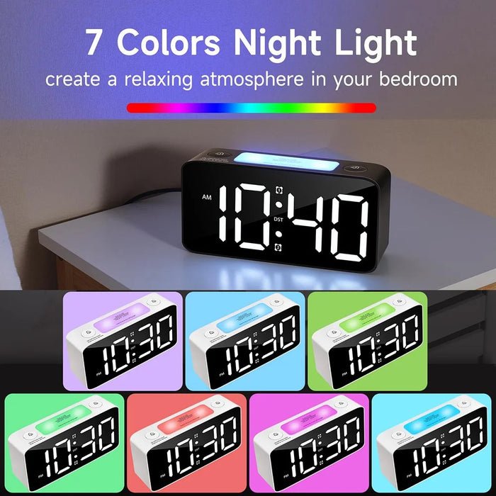 Adjustable Volume Alarm Clock Student Adult Digital Clock with 7 Color Night Light - Black - 5