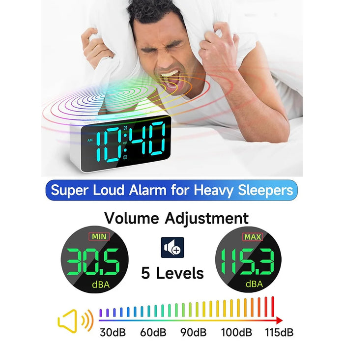 Adjustable Volume Alarm Clock Student Adult Digital Clock with 7 Color Night Light - Black - 6