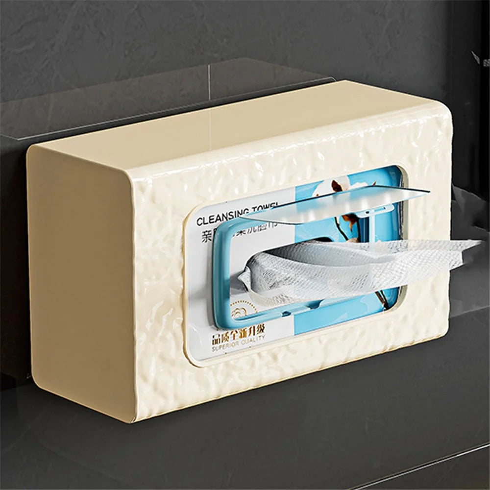 Wall Mounted Water Ripple Texture PET Tissue Box Adhesive Toilet Paper Case - Cream - 1