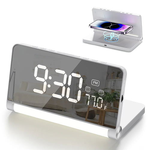 ZM-A1C Temperature Display Foldable LED Digital Alarm Clock with Night Light and 10W Wireless Charger - White - 1