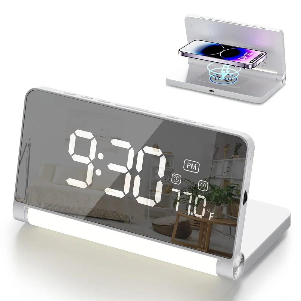 ZM-A1C Temperature Display Foldable LED Digital Alarm Clock with Night Light and 10W Wireless Charger - White - 1
