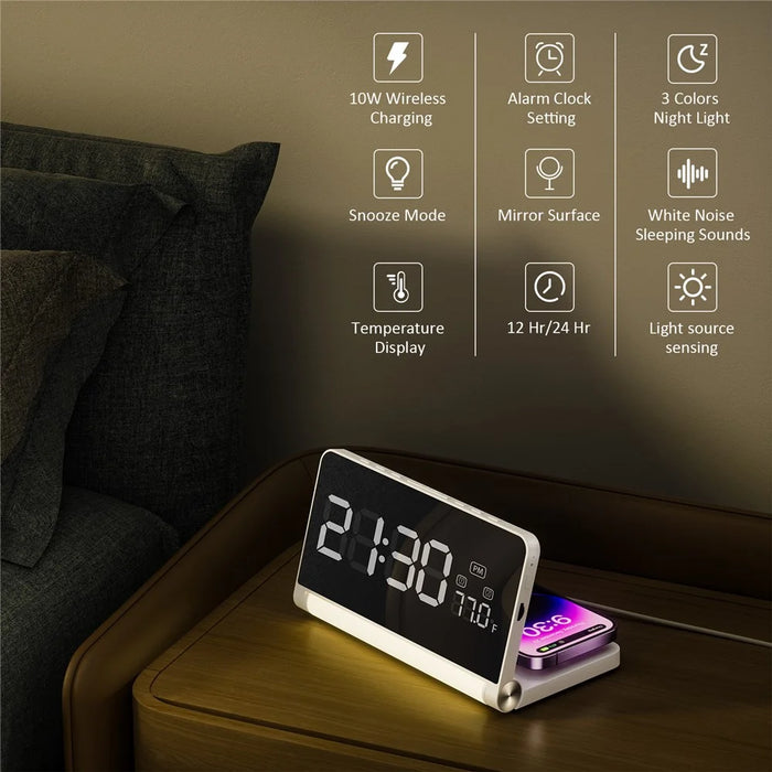 ZM-A1C Temperature Display Foldable LED Digital Alarm Clock with Night Light and 10W Wireless Charger - White - 3