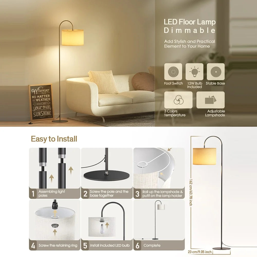 E26 / E27 12W LED Bulb Three Color Dimmable Modern Floor Standing Lamp for Living Room / Bedroom - US Plug - 6