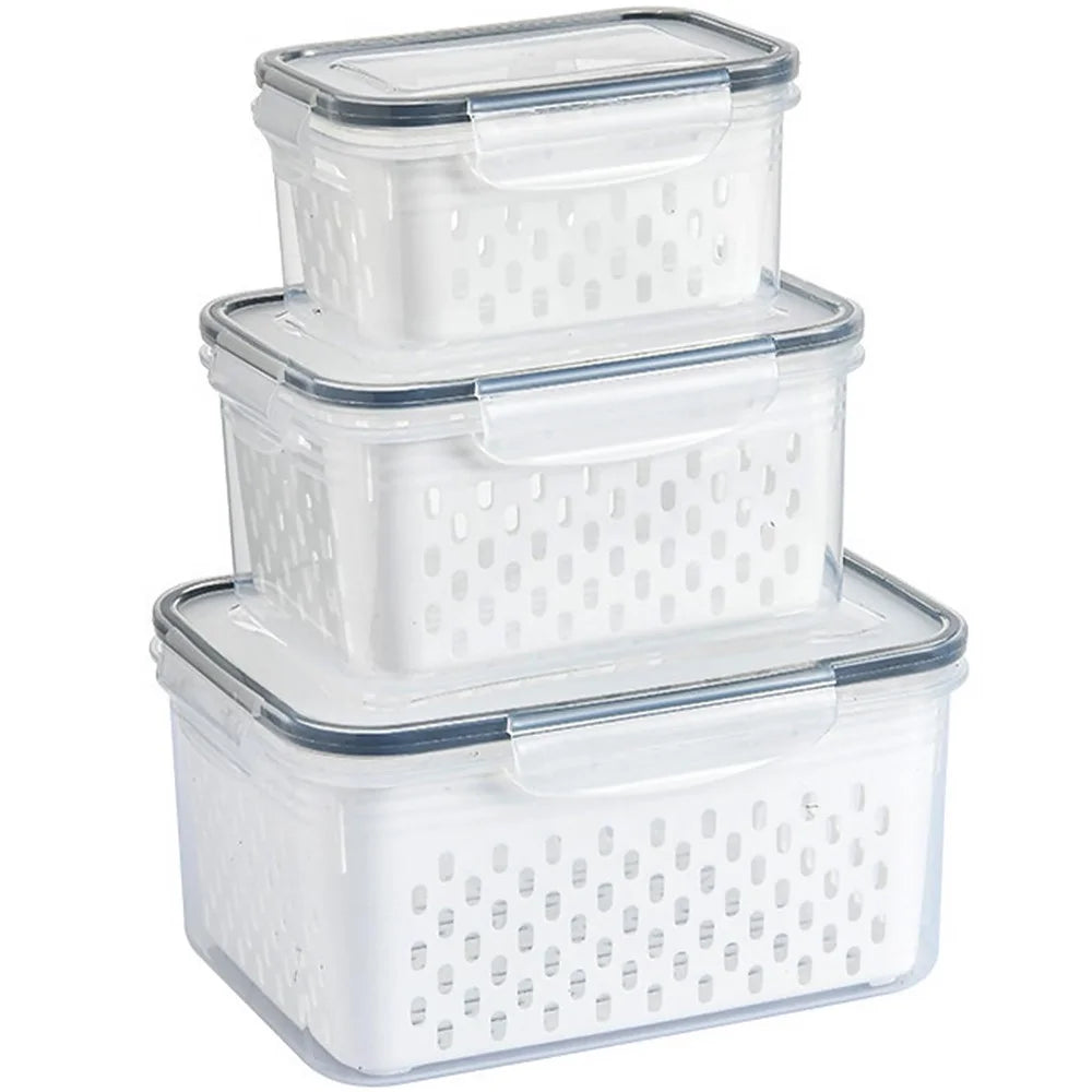 3Pcs Refrigerator Storage Box Rectangular Transparent Drain Basket Fruit Vegetable Fresh-Keeping Box (BPA Free, No FDA) - 1
