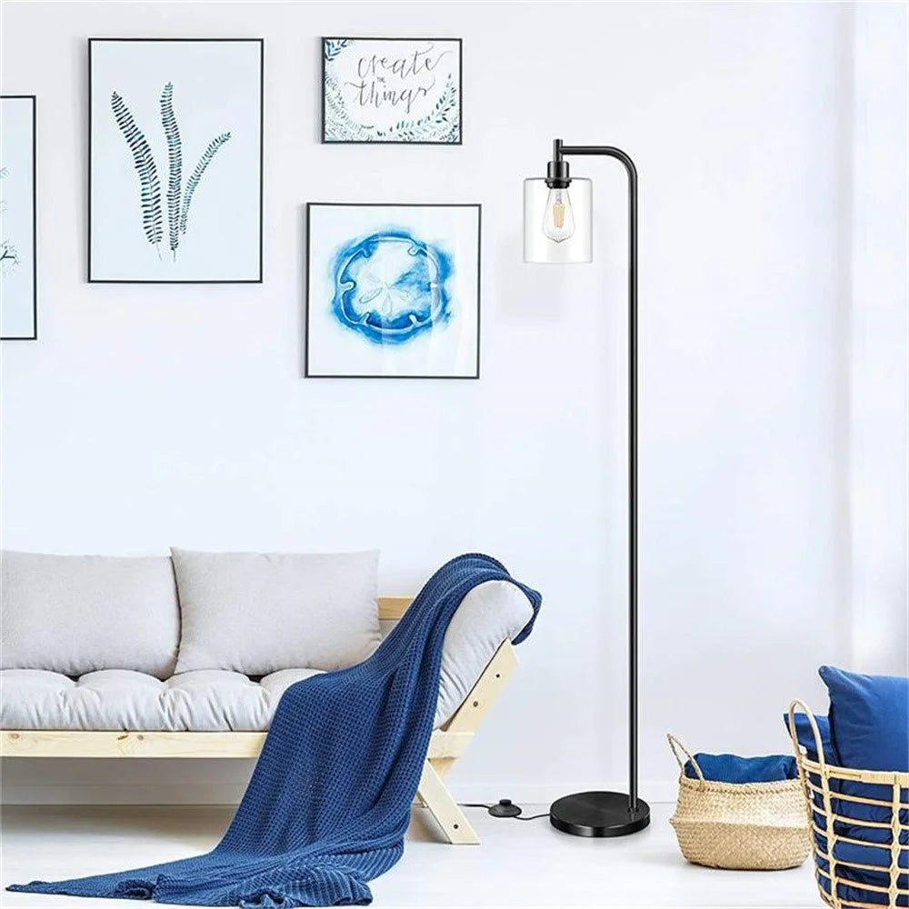 Office Home Iron Art Floor Lamp Retro Simple Glass Bulb Vertical Floor Lamp with 6W Bulb, EU Plug - Black - 6