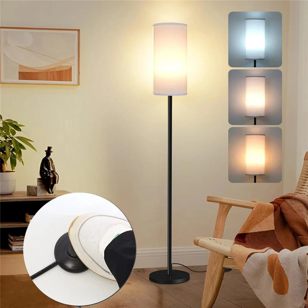 Linen Lampshade Standing Lamp Study Room Bedroom LED Floor Lamp with 3 Color Temperature Bulb, EU Plug - 2