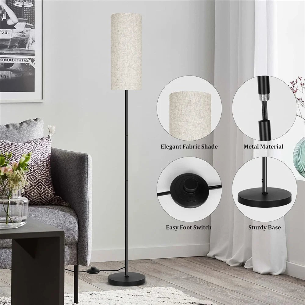 Linen Lampshade Standing Lamp Study Room Bedroom LED Floor Lamp with 3 Color Temperature Bulb, EU Plug - 4