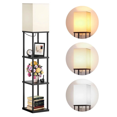 Square Cloth Lampshade Floor Lamp Storage Rack Bookshelf Lamp with 9W Three-Color Light Bulb, EU Plug - 1