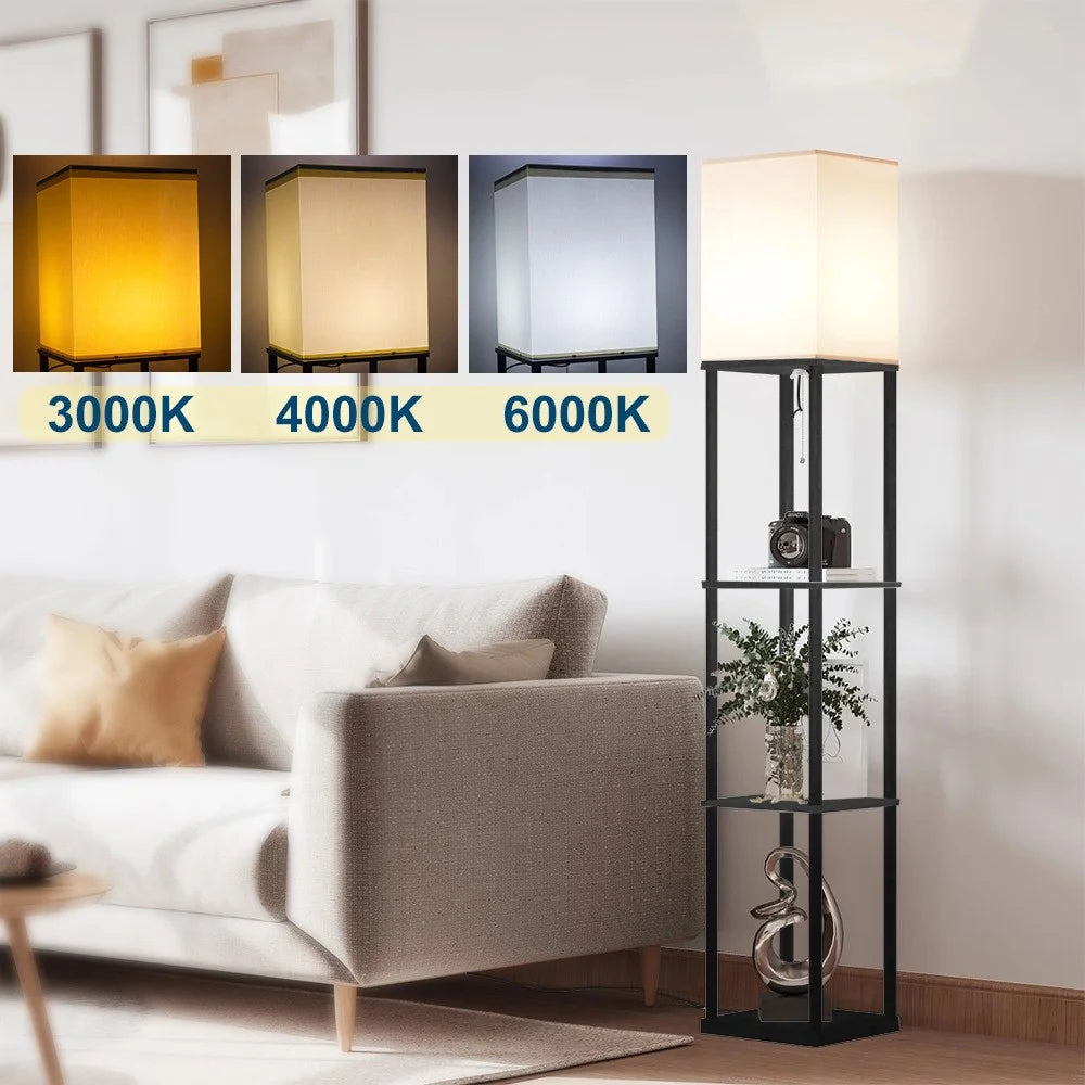 Square Cloth Lampshade Floor Lamp Storage Rack Bookshelf Lamp with 9W Three-Color Light Bulb, EU Plug - 2