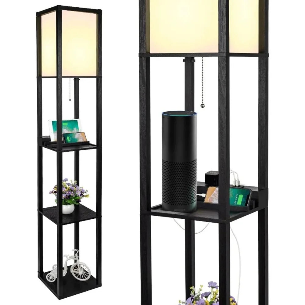 Square Cloth Lampshade Floor Lamp Storage Rack Bookshelf Lamp with 9W Three-Color Light Bulb, EU Plug - 4