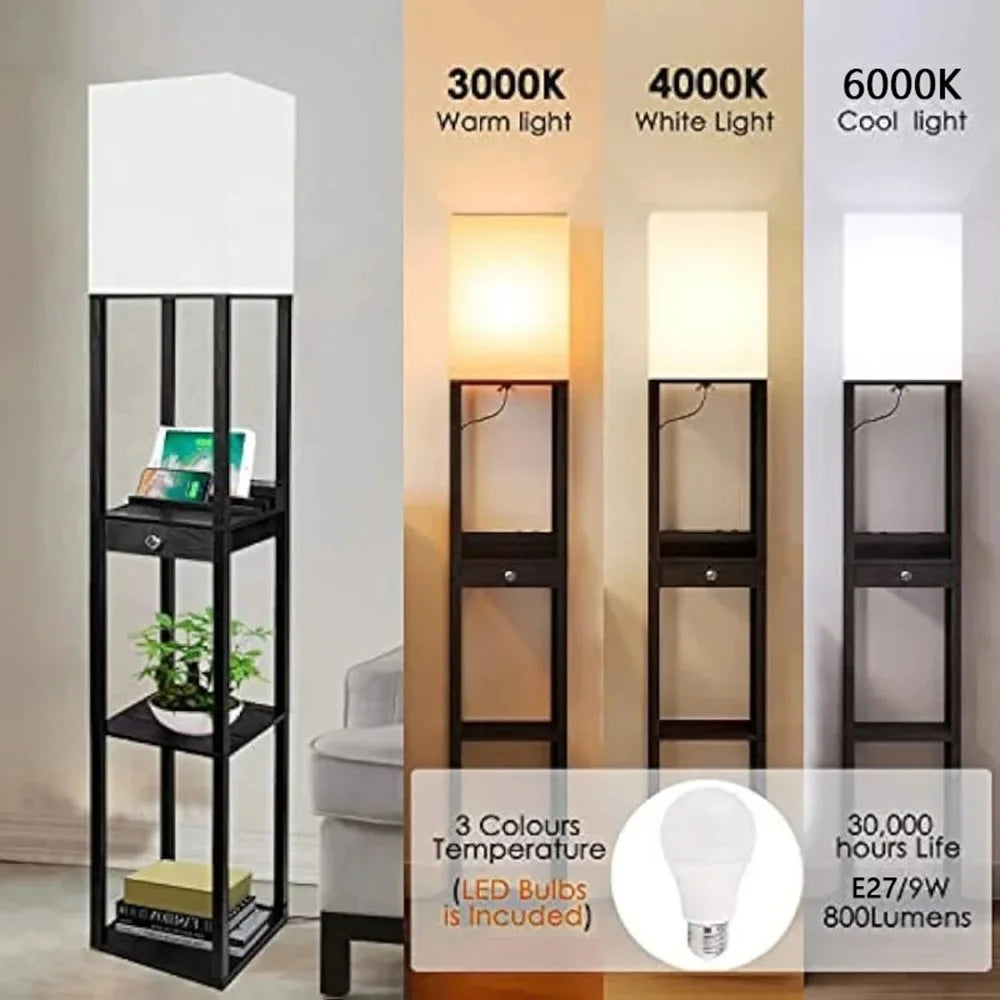 Square Cloth Lampshade Floor Lamp Storage Rack Bookshelf Lamp with 9W Three-Color Light Bulb, EU Plug - 5