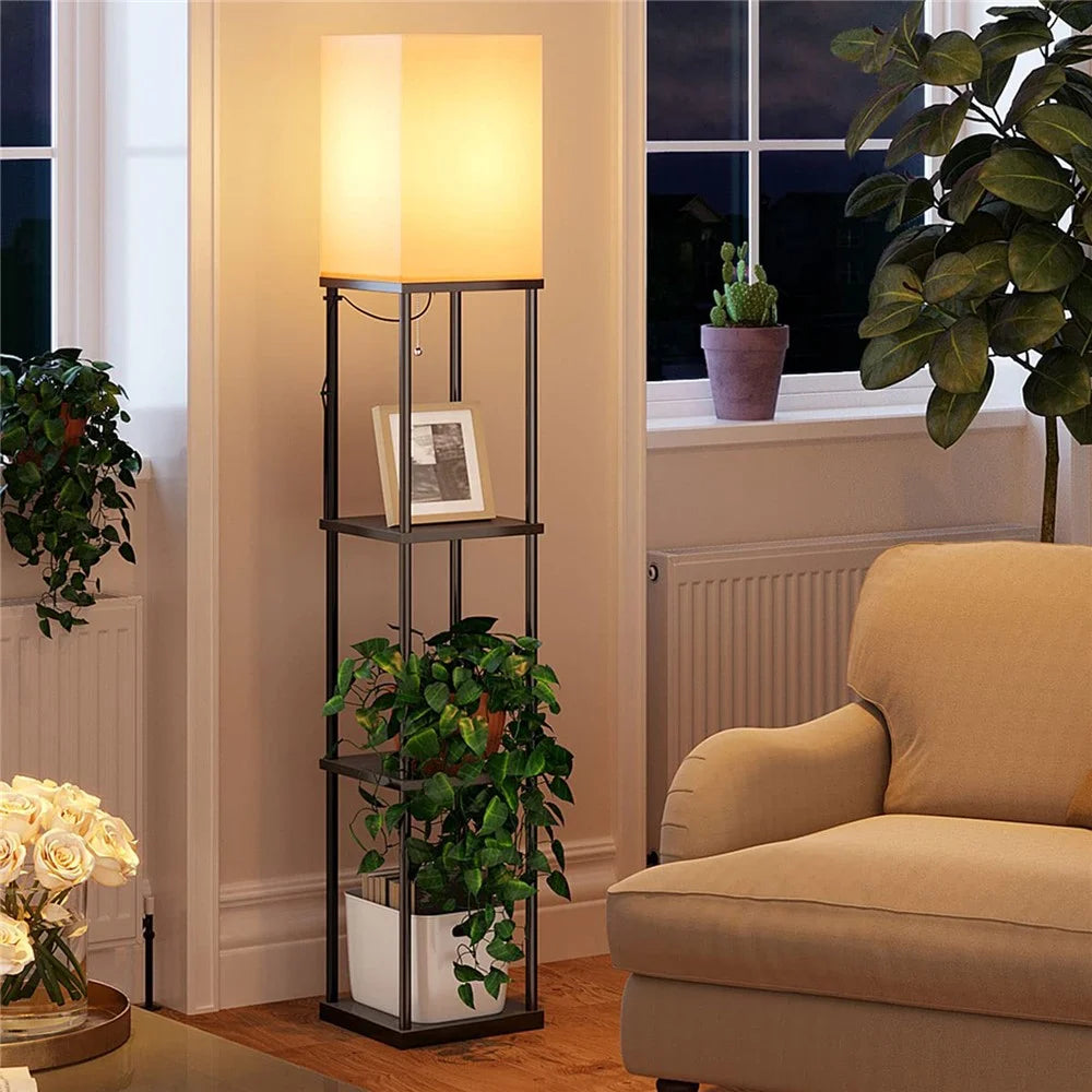 Square Cloth Lampshade Floor Lamp Storage Rack Bookshelf Lamp with 9W Three-Color Light Bulb, EU Plug - 6