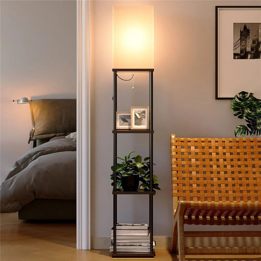 Square Cloth Lampshade Floor Lamp Storage Rack Bookshelf Lamp with 9W Three-Color Light Bulb, EU Plug - 7