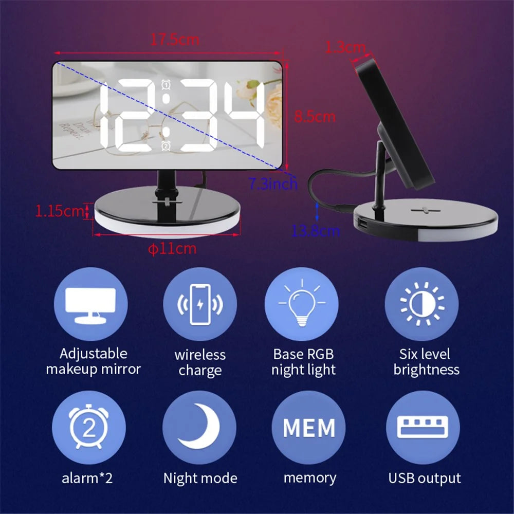 TS-3001-B White LED Digital Alarm Clock 15W Phone Wireless Charger Night Light - 4
