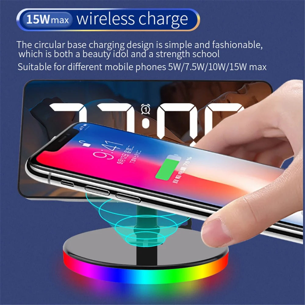 TS-3001-B White LED Digital Alarm Clock 15W Phone Wireless Charger Night Light - 6