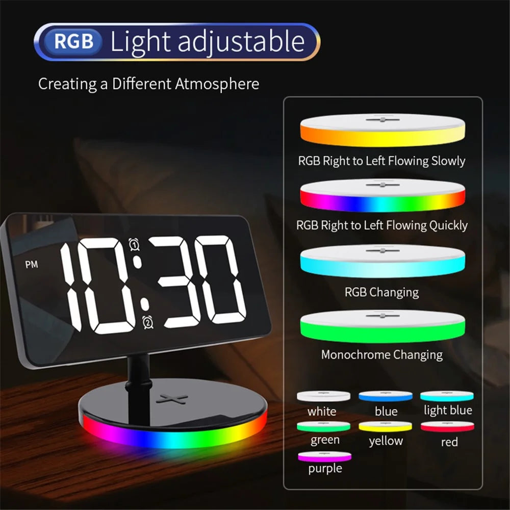 TS-3001-B White LED Digital Alarm Clock 15W Phone Wireless Charger Night Light - 7