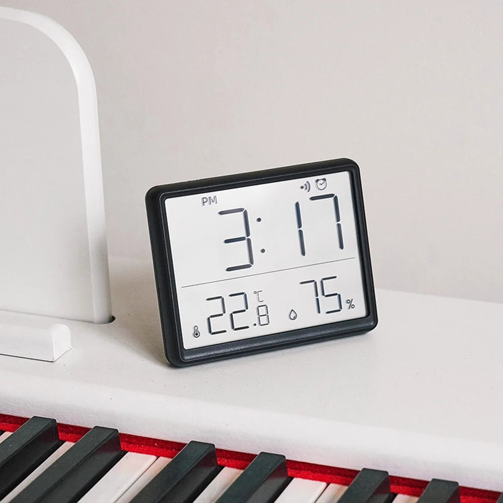 Digital Alarm Clock LCD Electric Clock with Calendar Temperature and Humidity for Living Room, Bedroom,Office - Black - 5