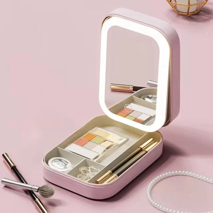 Cosmetic Mirror Case LED Makeup Mirror Storage Case with Light-Filling Portable Makeup Box Bag - Pink - 2