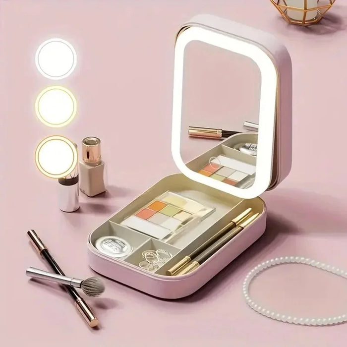 Cosmetic Mirror Case LED Makeup Mirror Storage Case with Light-Filling Portable Makeup Box Bag - Pink - 3