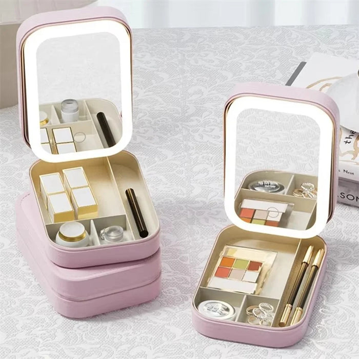 Cosmetic Mirror Case LED Makeup Mirror Storage Case with Light-Filling Portable Makeup Box Bag - Pink - 5