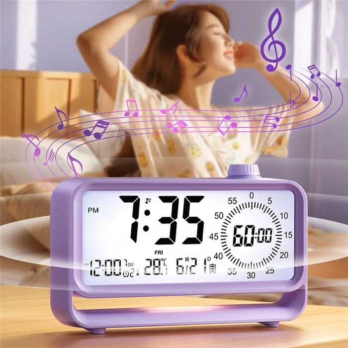 Digital Alarm Clock with Visual Timer 3 Level Brightness USB Rechargeable Countdown LCD Time Reminder - Purple - 3