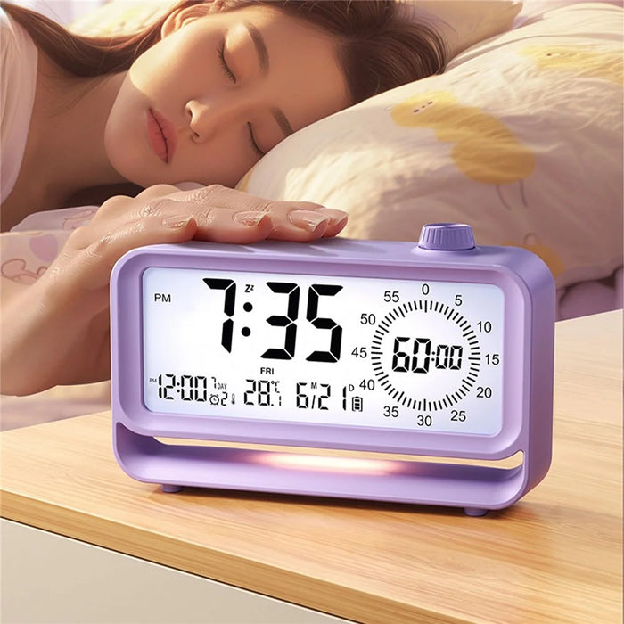Digital Alarm Clock with Visual Timer 3 Level Brightness USB Rechargeable Countdown LCD Time Reminder - Purple - 6