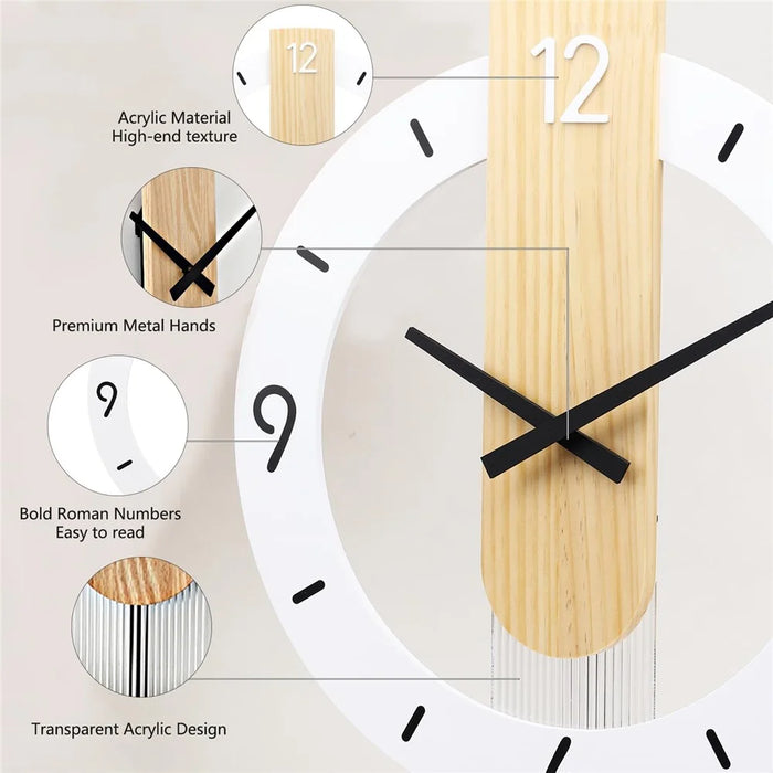 Minimalist Scandinavian Wooden Pendulum Clock Silent Wall Clock for Living Room Bedroom Decor - Arabic Numerals+Scale - 7