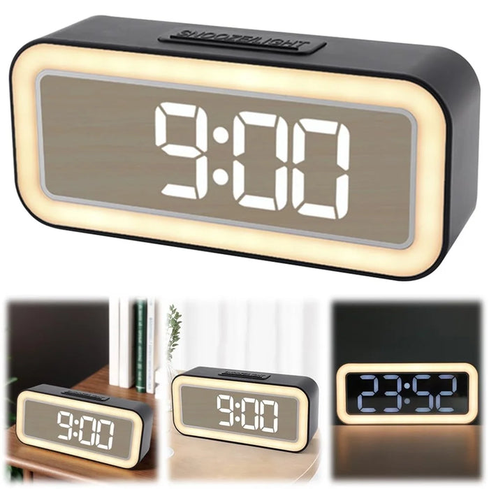 Mirror Surface LED Digital Alarm Clock Temperature Display Students Bedside Desktop Clock - Black - 2