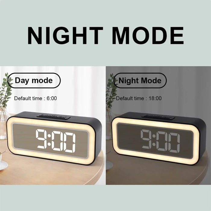 Mirror Surface LED Digital Alarm Clock Temperature Display Students Bedside Desktop Clock - Black - 7