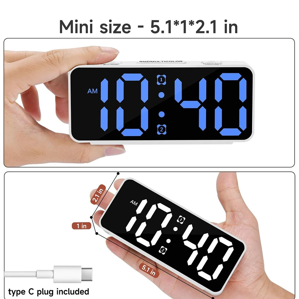 YF2024 Dual Alarm 15 RGB Colors LED Mirror Surface Clock Mini Student Desktop Digital Clock - White - 7