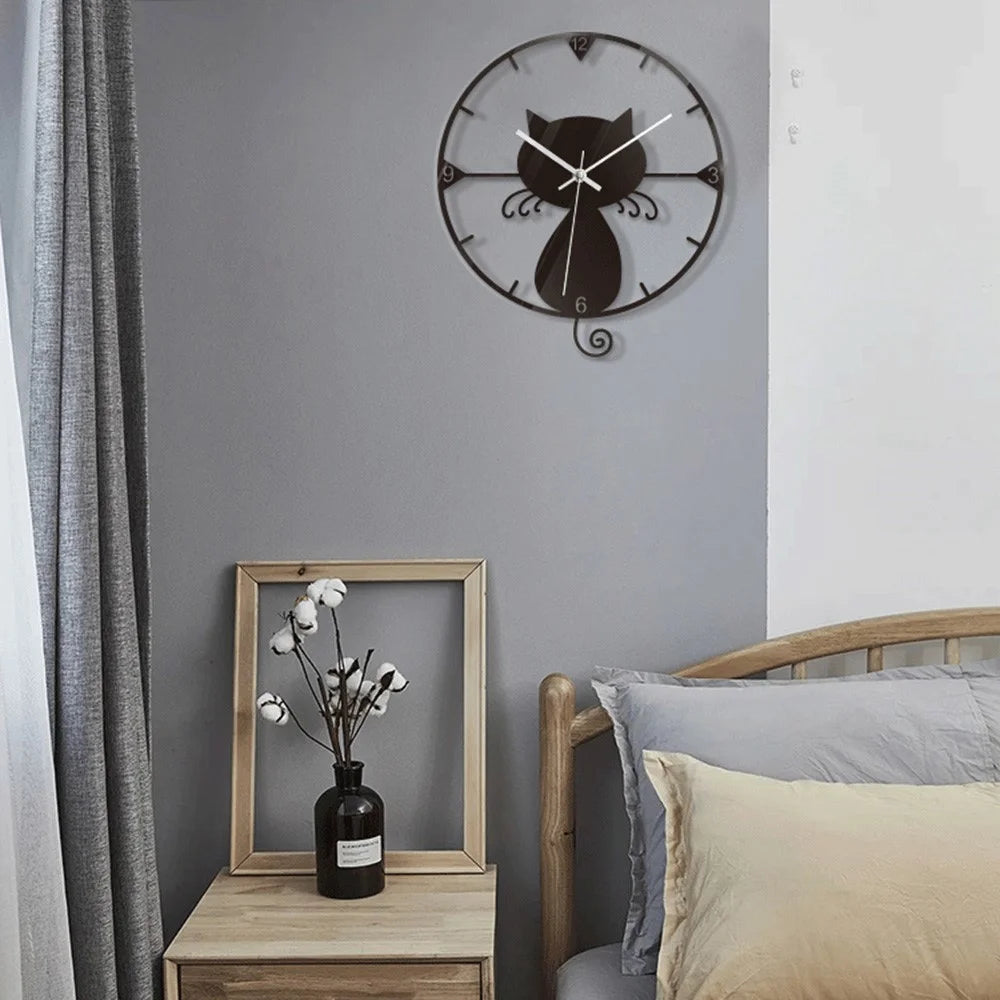 Clear Acrylic Black Cat Wall Clock Silent Non-Ticking Clock (No Battery) for Kids Bedrooms Living Room - 2