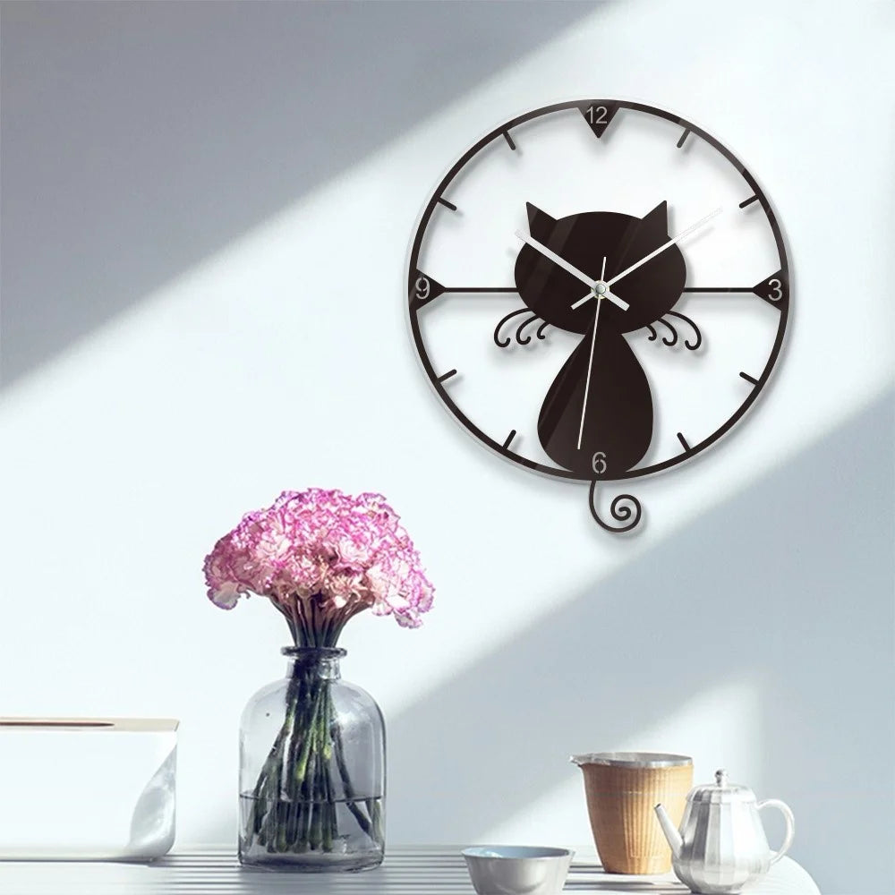 Clear Acrylic Black Cat Wall Clock Silent Non-Ticking Clock (No Battery) for Kids Bedrooms Living Room - 3
