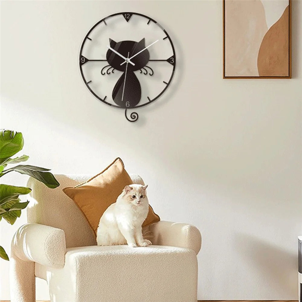 Clear Acrylic Black Cat Wall Clock Silent Non-Ticking Clock (No Battery) for Kids Bedrooms Living Room - 6