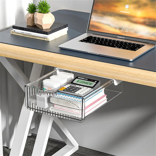 Under Desk Drawer Hidden PET Storage Box Pull Out Hanging Organizer Size M - White - 1