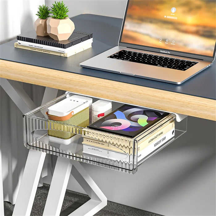 Under Desk Drawer Hidden PET Storage Box Pull Out Hanging Organizer Size L - White - 1