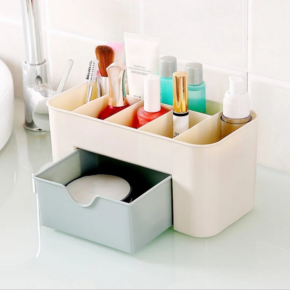 Drawer Design Plastic Desktop Jewelry Makeup Brush Lipstick Storage Container Cosmetic Organizer Box - Blue - 1