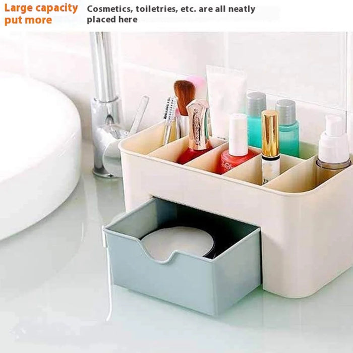 Drawer Design Plastic Desktop Jewelry Makeup Brush Lipstick Storage Container Cosmetic Organizer Box - Blue - 3