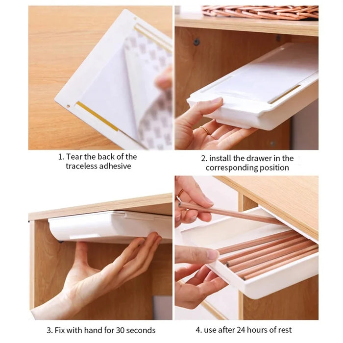 Under Desk Drawer Organizer Hidden Self-Adhesive Space Saving ABS Storage Box Size XL - White - 7