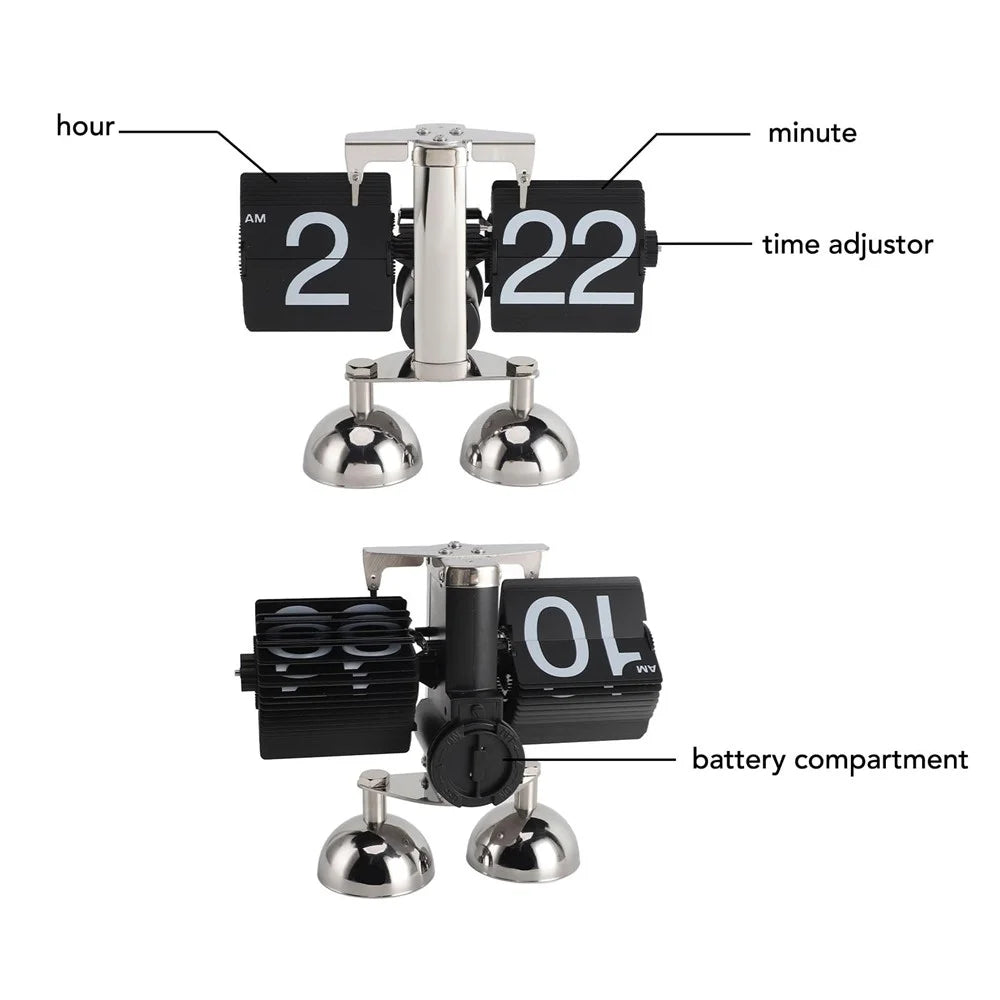 Automatic Flip Clock Retro Simple Home Living Room Table Clock Dual Foot Stainless Steel Quartz Movement Flip Clock - Black - 4