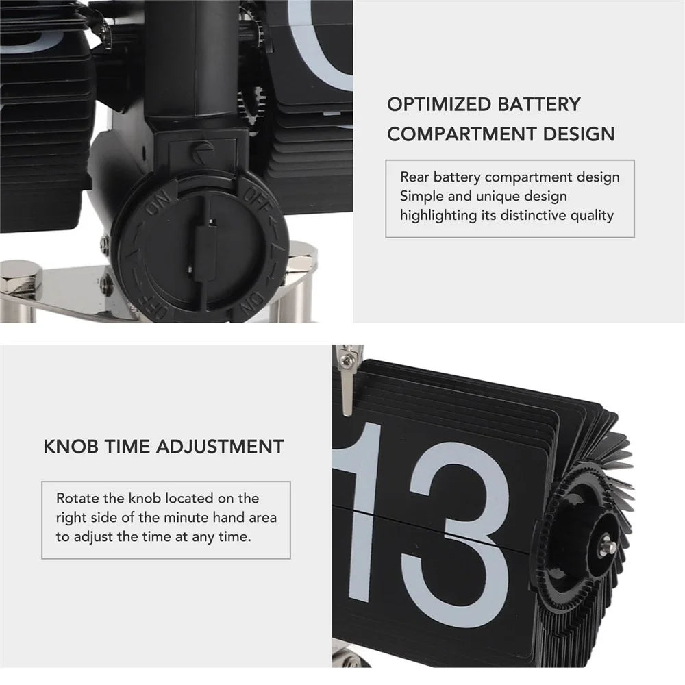 Automatic Flip Clock Retro Simple Home Living Room Table Clock Dual Foot Stainless Steel Quartz Movement Flip Clock - Black - 6