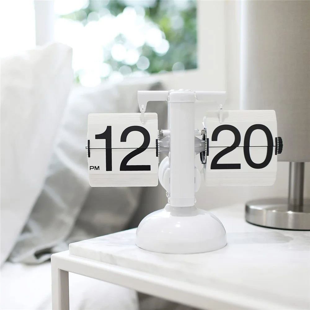 Automatic Flip Clock Retro Simple Home Living Room Table Clock Single Foot Stainless Steel Quartz Movement Flip Clock - White - 4