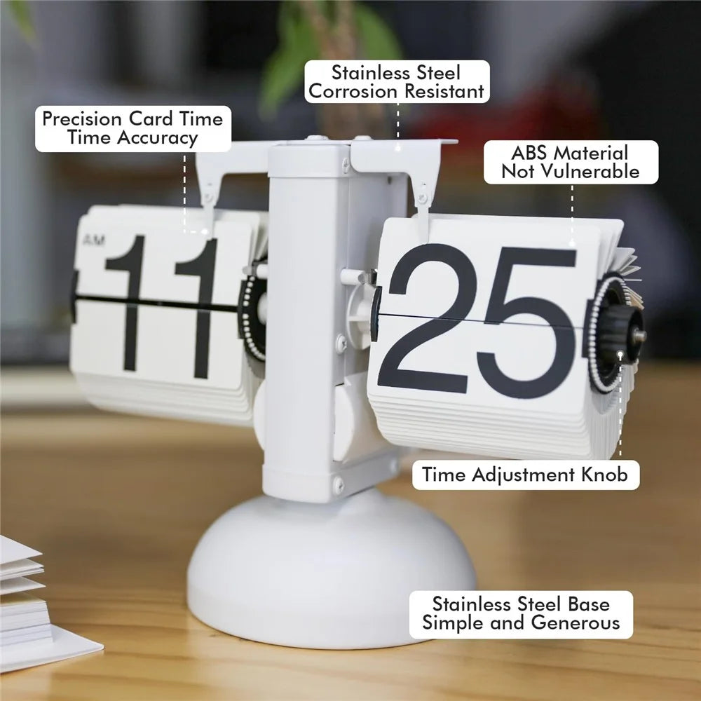 Automatic Flip Clock Retro Simple Home Living Room Table Clock Single Foot Stainless Steel Quartz Movement Flip Clock - White - 6