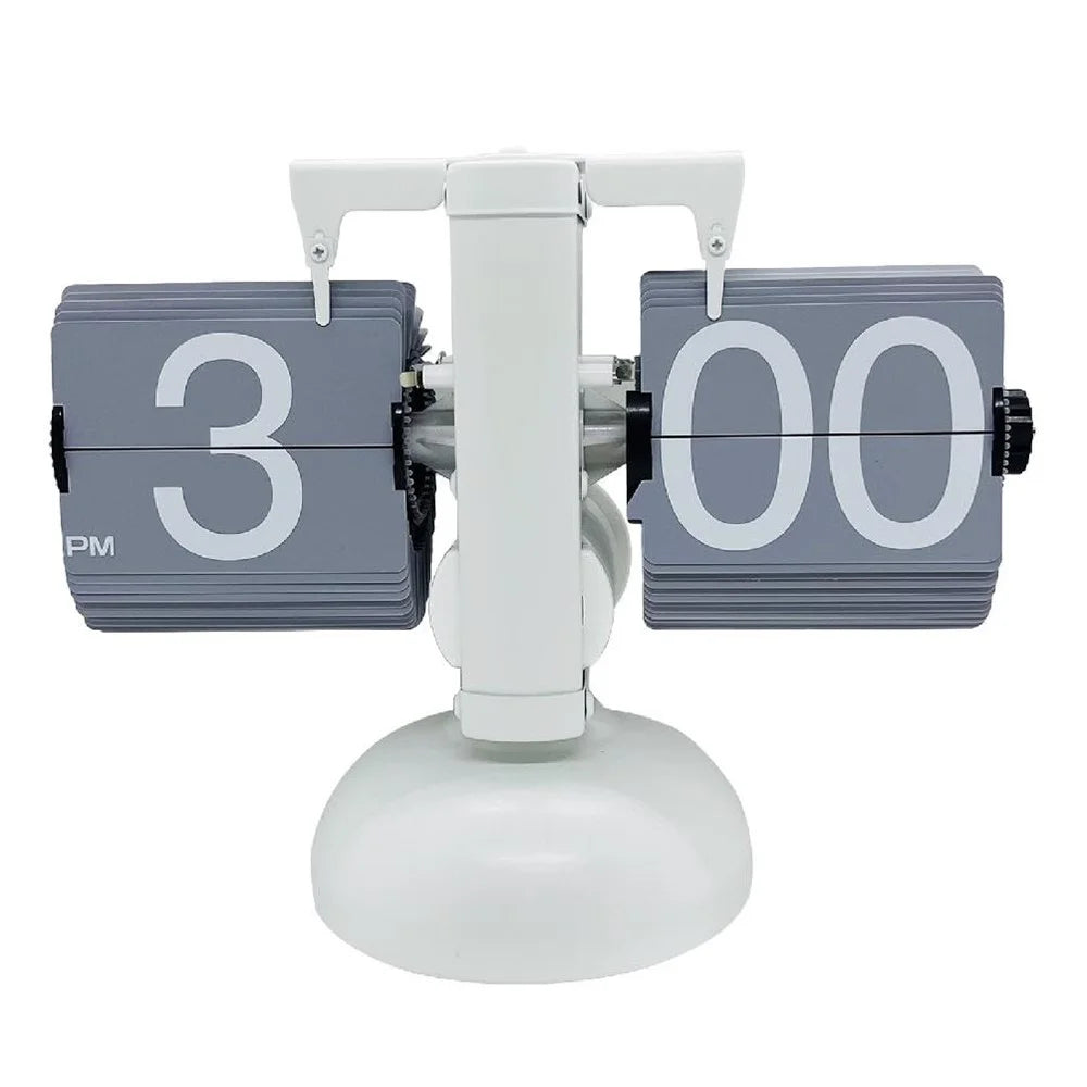 Automatic Flip Clock Retro Simple Home Living Room Table Clock European Single Foot Balance Mechanical Page Turner - White  /  Grey - 1