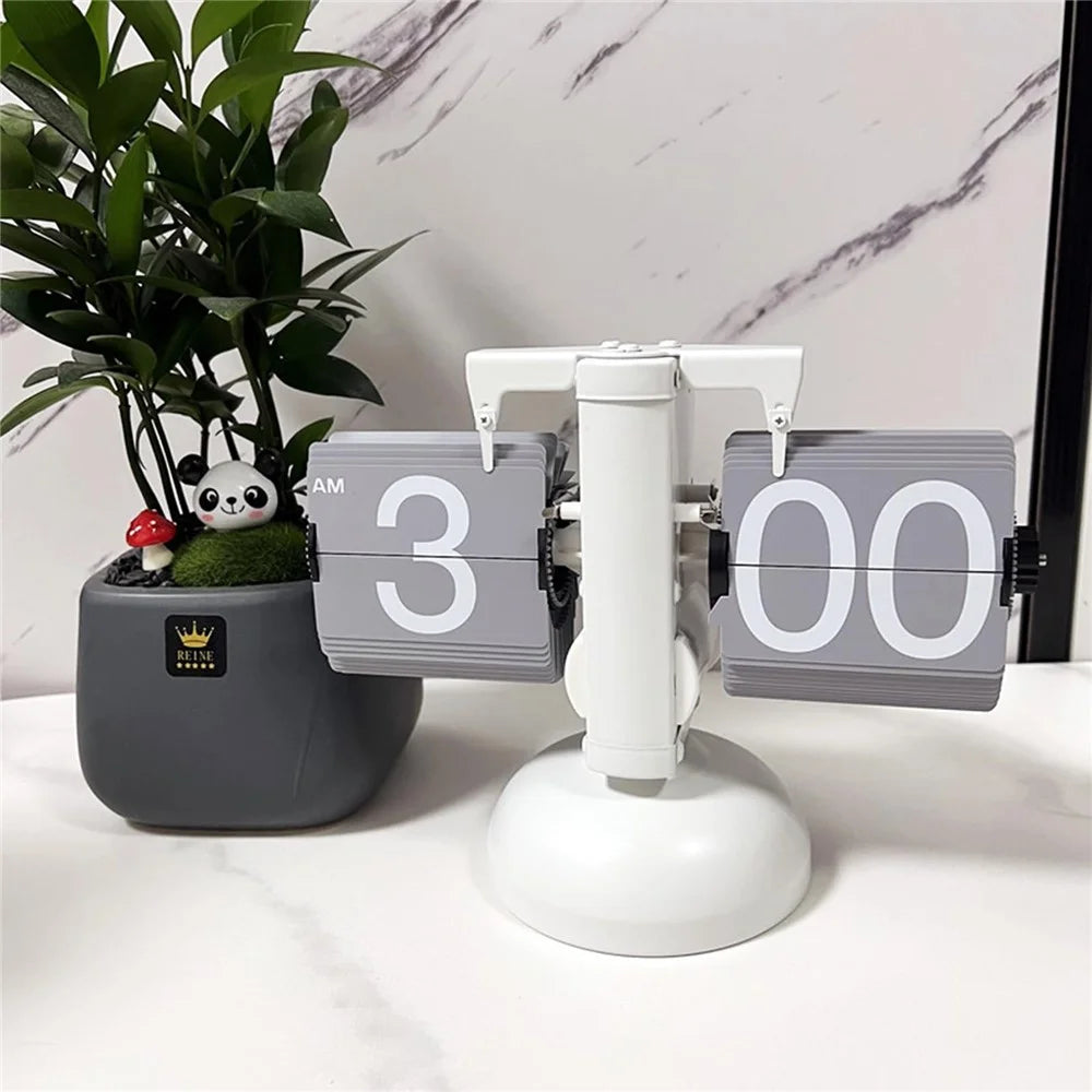 Automatic Flip Clock Retro Simple Home Living Room Table Clock European Single Foot Balance Mechanical Page Turner - White  /  Grey - 5