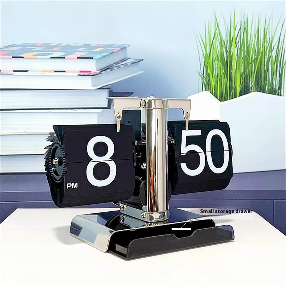 Auto Flip Down Clock with Storage Drawer Vintage Style Balance Mechanical Desk Clock for Living Room - 2