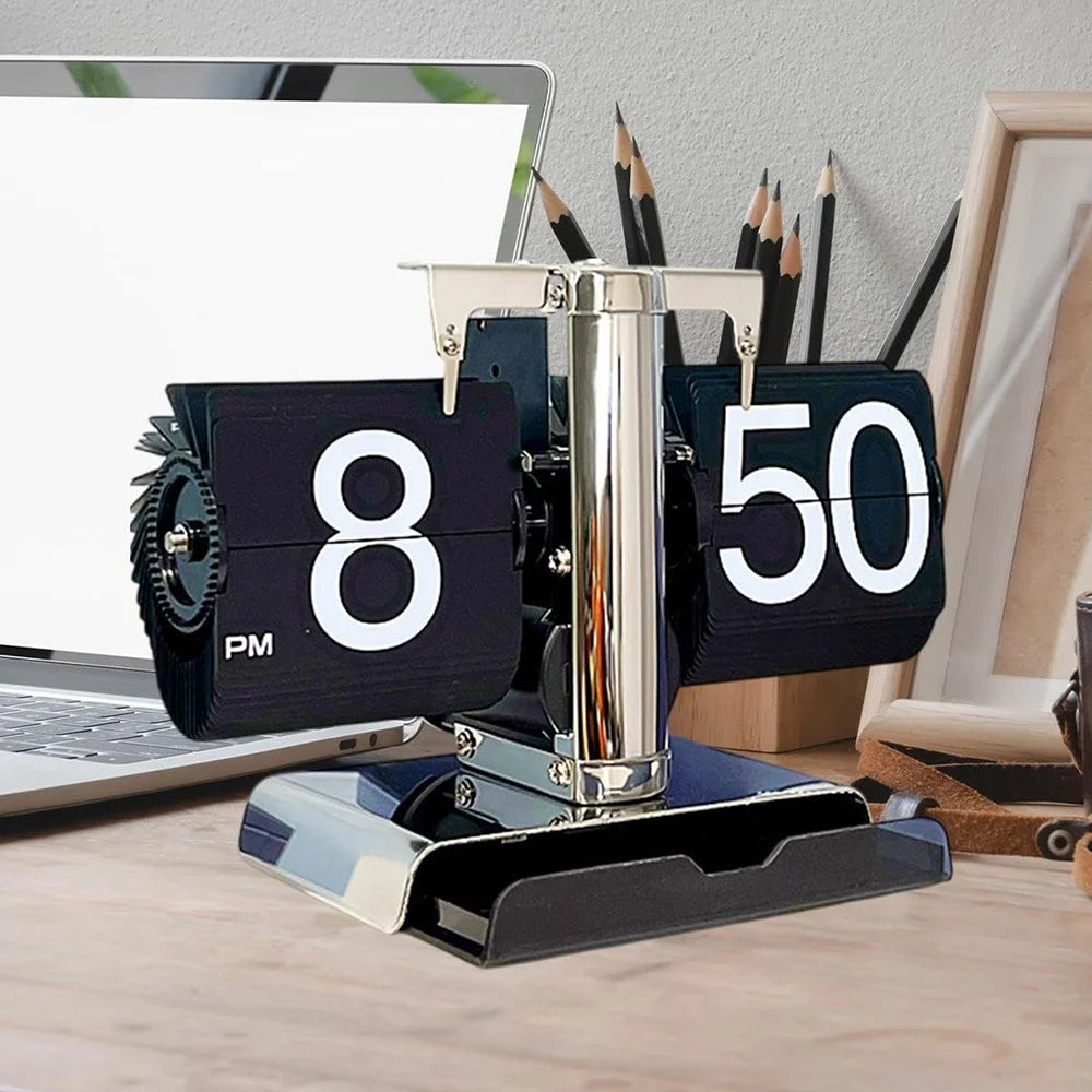 Auto Flip Down Clock with Storage Drawer Vintage Style Balance Mechanical Desk Clock for Living Room - 3