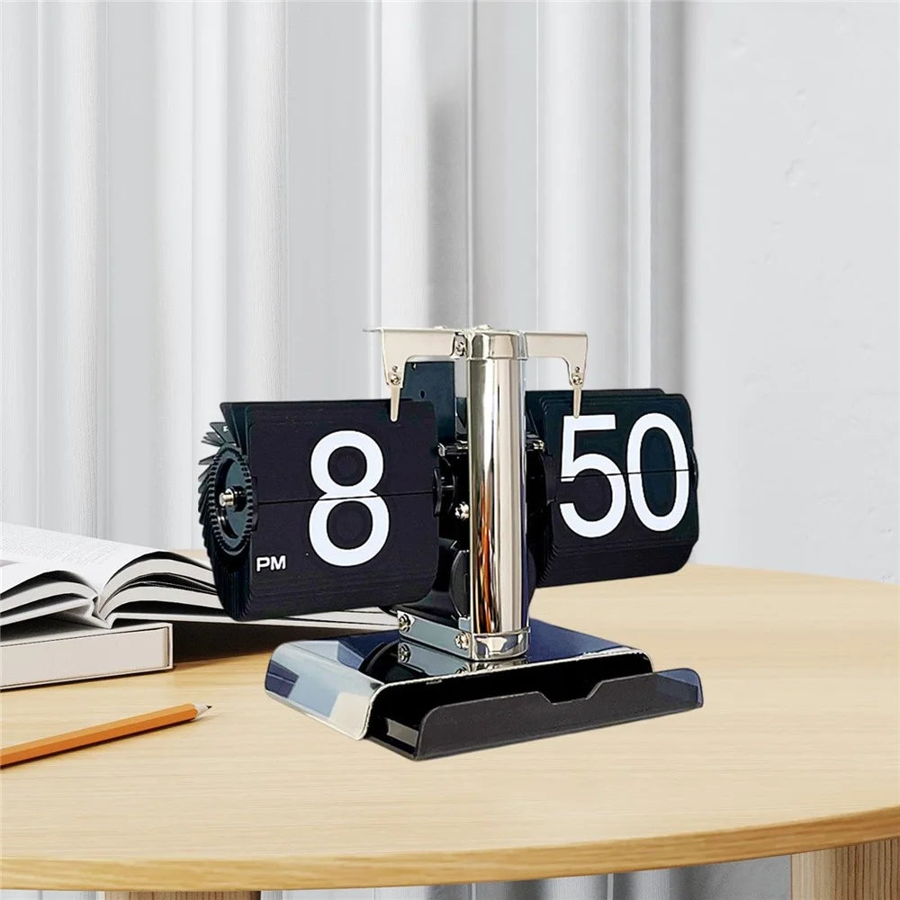 Auto Flip Down Clock with Storage Drawer Vintage Style Balance Mechanical Desk Clock for Living Room - 4
