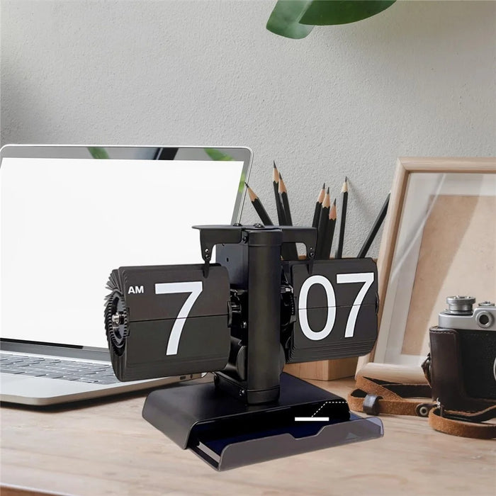 Vintage Auto Flip Clock with Drawer Mechanical Balance Flip Desk Clock for Living Room - Black - 2