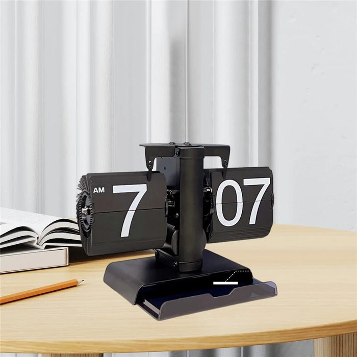 Vintage Auto Flip Clock with Drawer Mechanical Balance Flip Desk Clock for Living Room - Black - 3